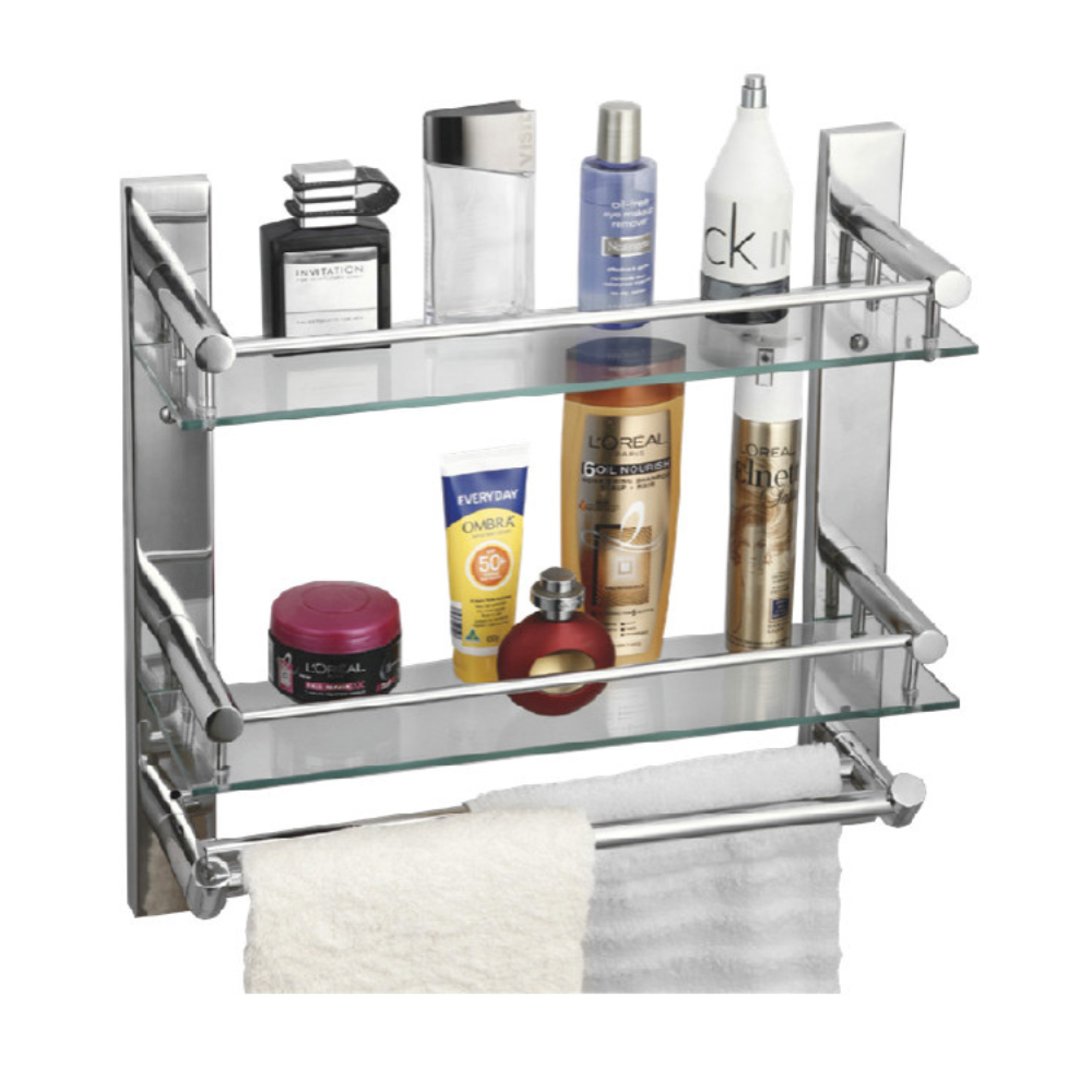 DOUBLE GLASS SHELF WITH DOUBLE TOWEL ROD