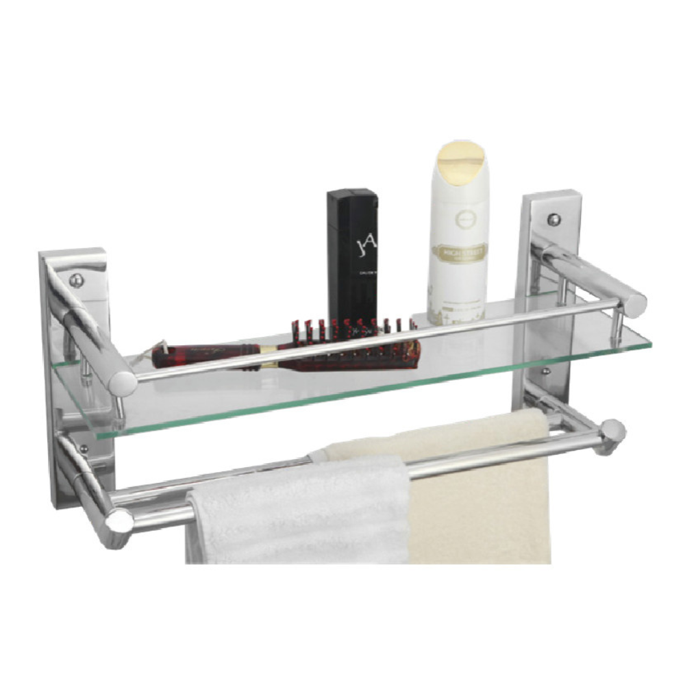 GLASS SHELF WITH DOUBLE TOWEL ROD