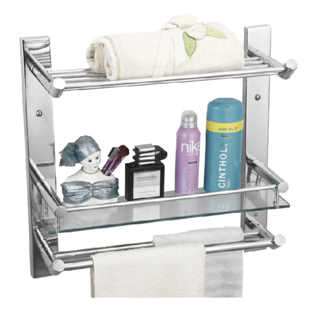 GLASS SHELF WITH TOWEL RACK & DOUBLE TOWEL ROD